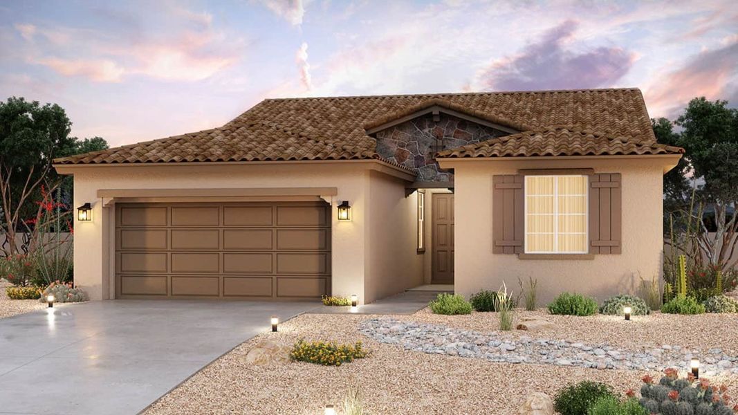 Representative exterior photo of a completed home built from the Castellano by Brightland Homes in The Lakes at Rancho El Dorado, Maricopa, AZ (Image 2). Representative exterior photo of a completed home built from the Castellano by Brightland Homes in The Lakes at Rancho El Dorado, Maricopa, AZ (Image 2).