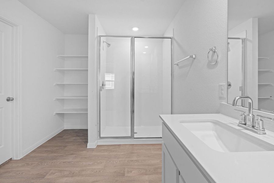 Bathroom featuring light wood-type flooring, vanity, and a shower stall Bathroom featuring light wood-type flooring, vanity, and a shower stall
