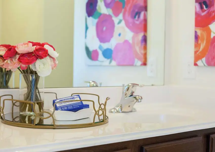 Bathroom in model home staged with white and red carnations and towels on a gold trim tray and a painting in the mirror's reflection Bathroom in model home staged with white and red carnations and towels on a gold trim tray and a painting in the mirror's reflection