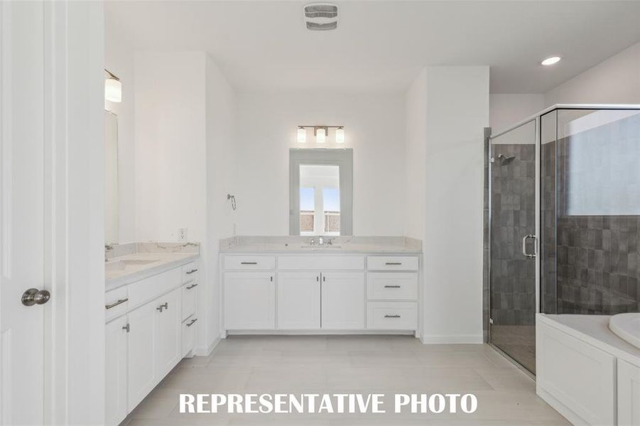 Featuring his and her vanities, you'll enjoy ample room for two in this lovely owner's bath.  REPRESENTATIVE PHOTO