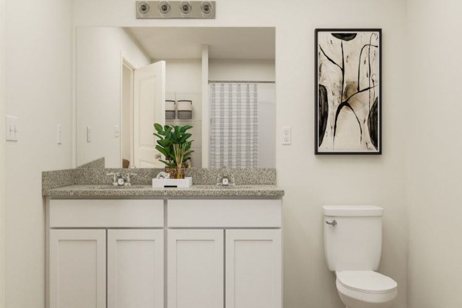 A bathroom with a plant on the counter.