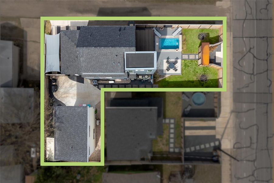Aerial view of main house, pool and casita