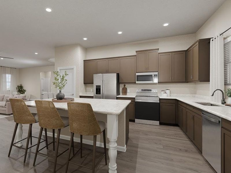 Your new kitchen includes ample cabinet and counter space, a counter-height island, and beautiful finishes. (Artist`s rendering)