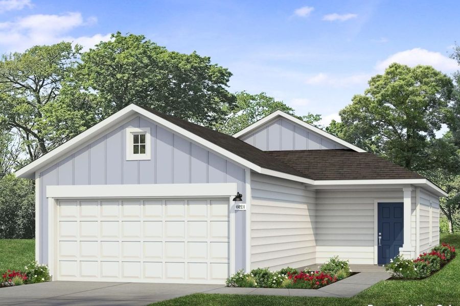 Front exterior of a new home in Hymeadow, San Marcos, TX, highlighting curb appeal (Image 1). Front exterior of a new home in Hymeadow, San Marcos, TX, highlighting curb appeal (Image 1).