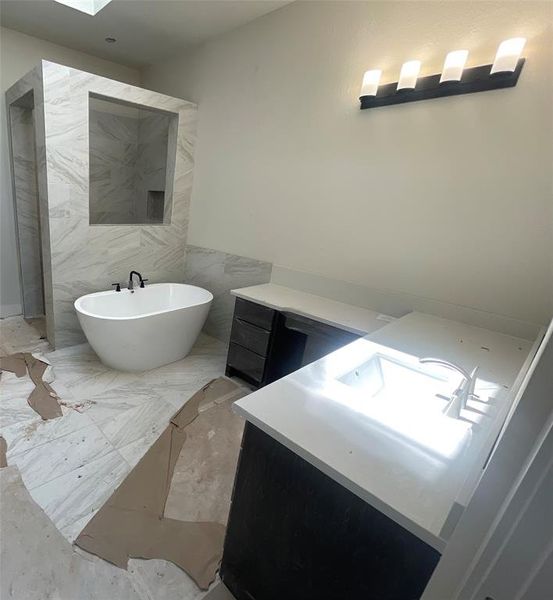 Primary Bath with 2 Separate Vanities, Freestanding Tub, and Separate Shower