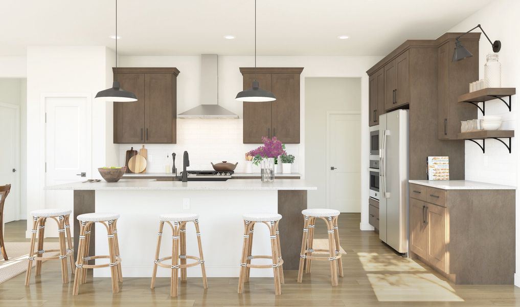 Kitchen with pendant lighting and floating shelves