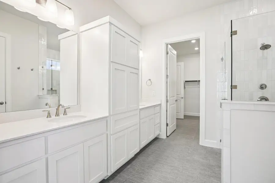 Bathroom featuring a shower stall, a walk in closet, and double vanity