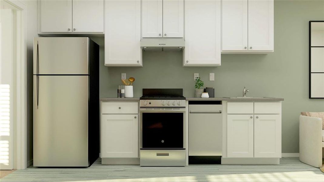 Kitchen featuring freestanding refrigerator, electric range, range hood, white cabinetry, and light wood finished floors