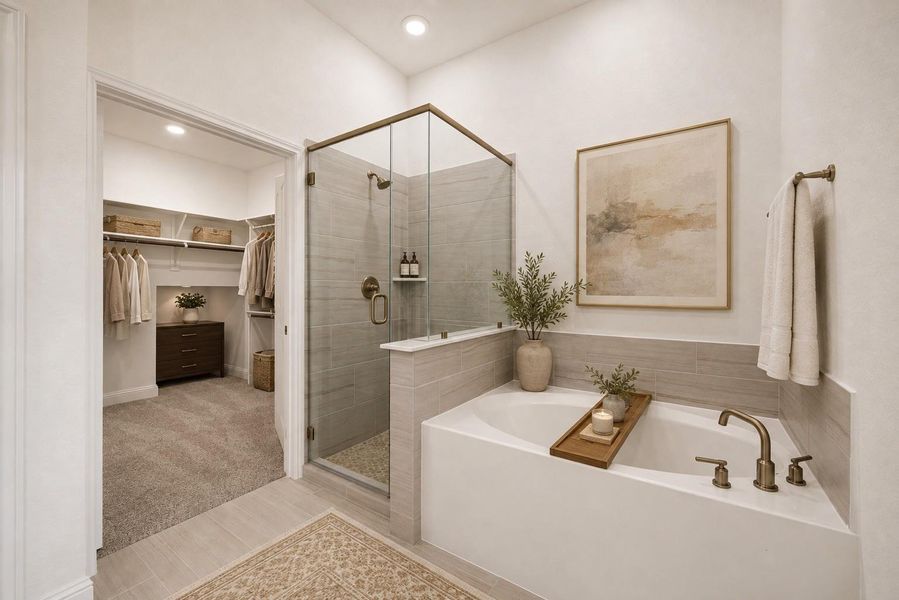 Elegant and serene, this virtually staged bathroom showcases a luxurious soaking tub, a sleek glass-enclosed shower, and a seamless flow into a spacious walk-in closet, offering a perfect blend of style and functionality.
