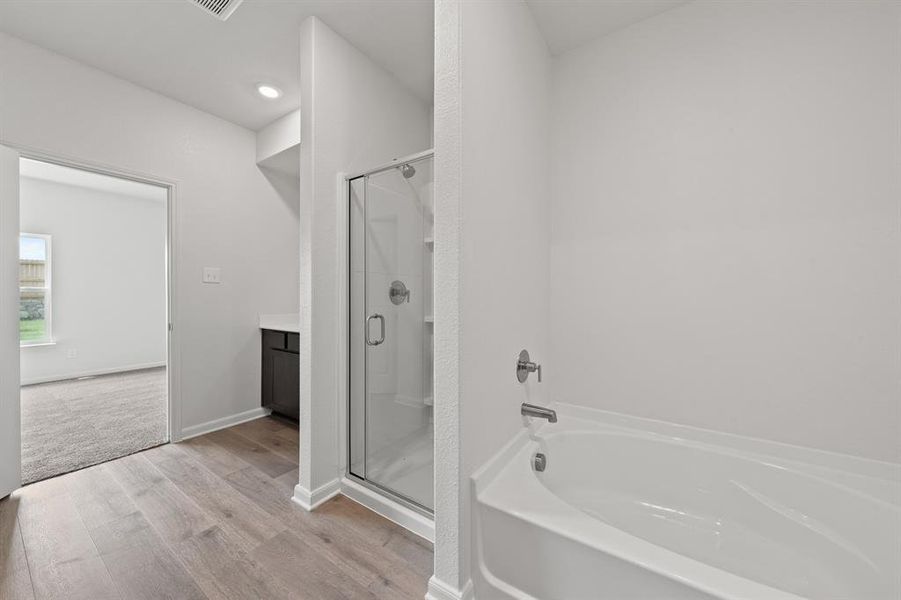 Bathroom featuring wood-style floors, separate shower and tub, and vanity