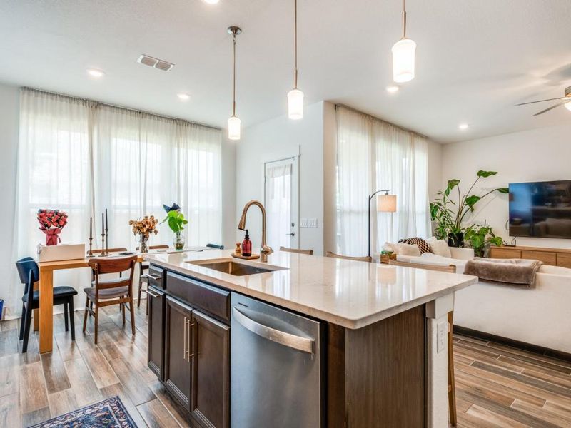 Kitchen featuring stainless steel dishwasher, open floor plan, light wood finished floors, dark brown cabinetry, and a ceiling fan
