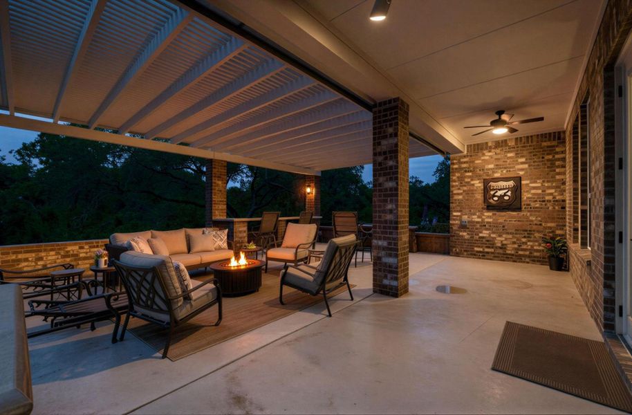 An inviting outdoor living space features a cozy fire pit and a slatted patio cover for comfortable entertaining. An inviting outdoor living space features a cozy fire pit and a slatted patio cover for comfortable entertaining.