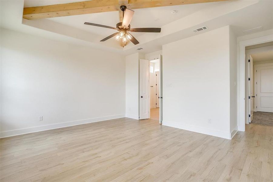 Unfurnished room with light wood-type flooring, a raised ceiling, and ceiling fan