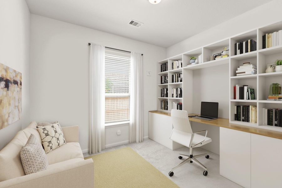 Tucked down its own private hallway is the home office! It features plush carpet, bright natural light, and neutral paint. *This photo has been virtually staged
