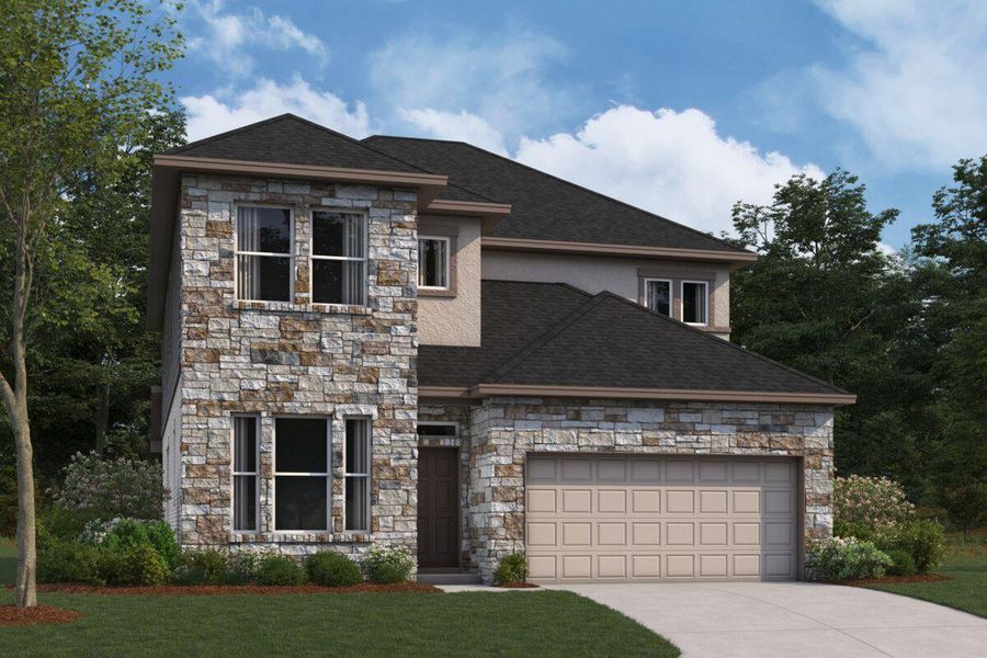 Front exterior of a new home in Cedar Brook, Leander, TX, highlighting curb appeal (Image 1).