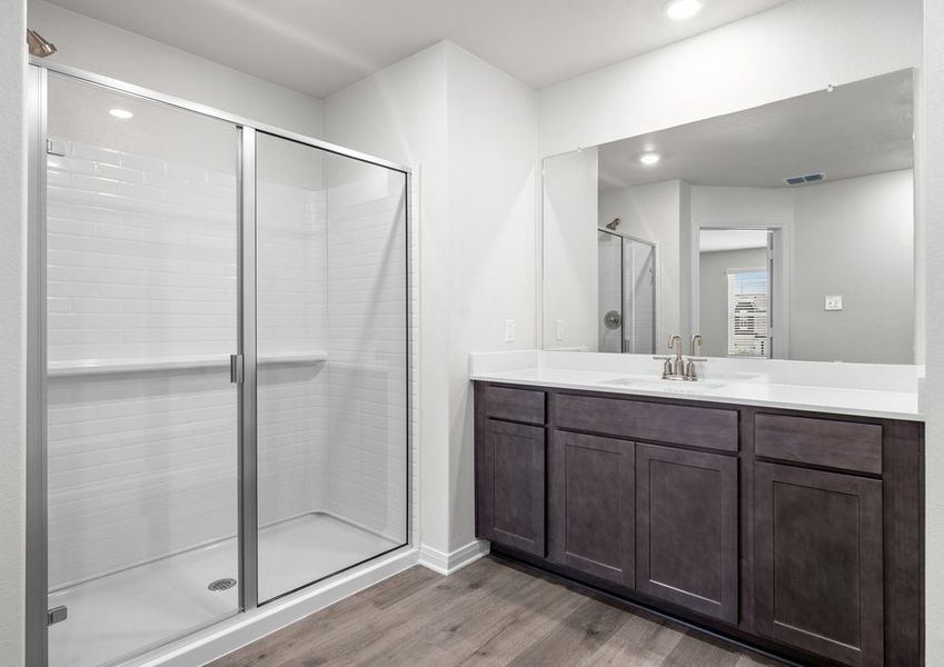 The master bathroom has a sprawling vanity and a glass, walk-in shower. The master bathroom has a sprawling vanity and a glass, walk-in shower.