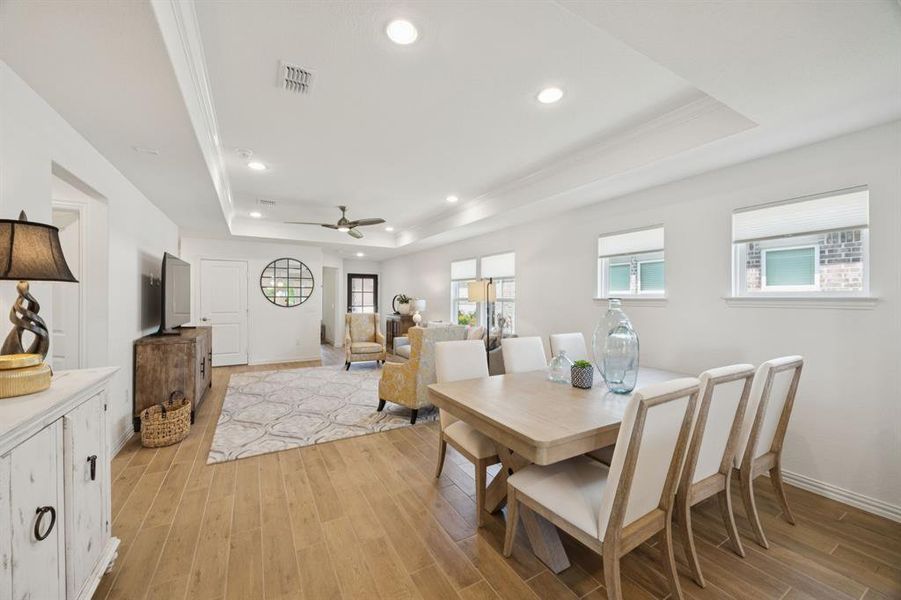 The dining space give room for a nice size table. Perfect for an evening in or inviting friends and family over for a meal!