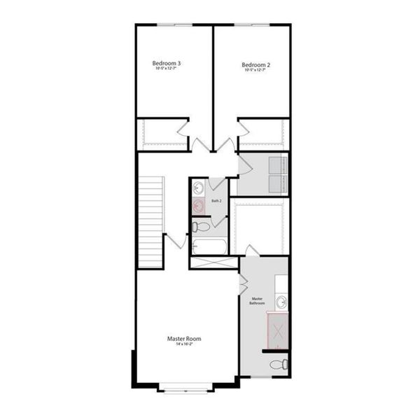 Floor plan for the second floor. All of the bedrooms are located upstairs. This plan shows single sinks in each bath room but there are actually 2 sinks in each bath room. Very spacious bedrooms with amazing walk-ion closets in each bedroom! Floor plan for the second floor. All of the bedrooms are located upstairs. This plan shows single sinks in each bath room but there are actually 2 sinks in each bath room. Very spacious bedrooms with amazing walk-ion closets in each bedroom!