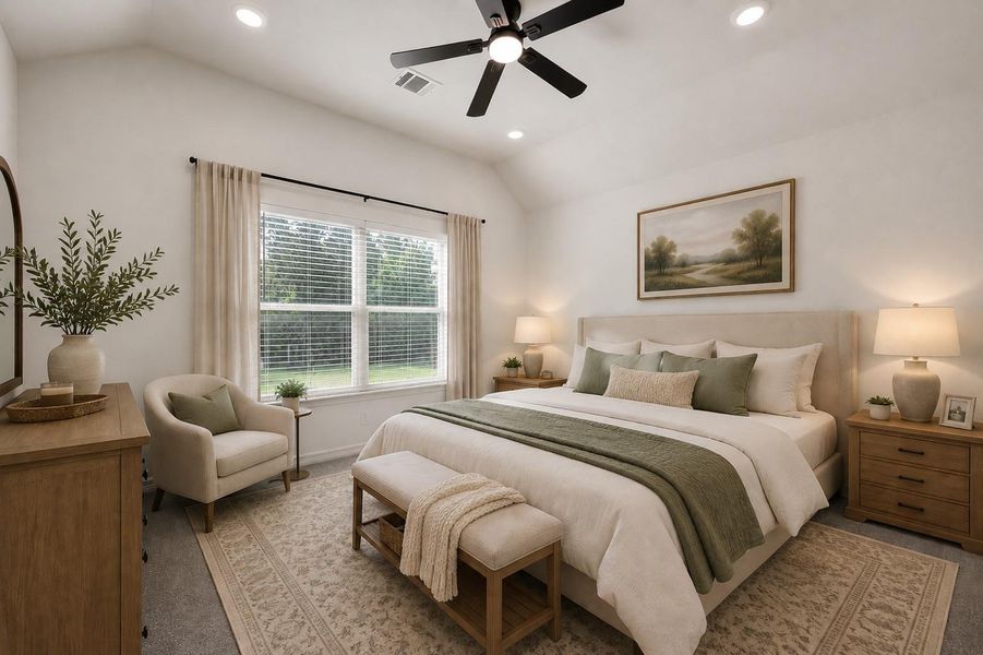 Experience serene comfort in this virtually staged primary bedroom, featuring soft lighting, and a tranquil view, perfect for unwinding.