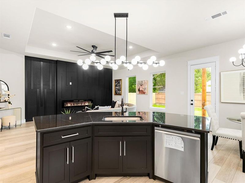 Kitchen featuring stainless steel dishwasher, dark countertops, a ceiling fan, a raised ceiling, and light wood-type flooring
