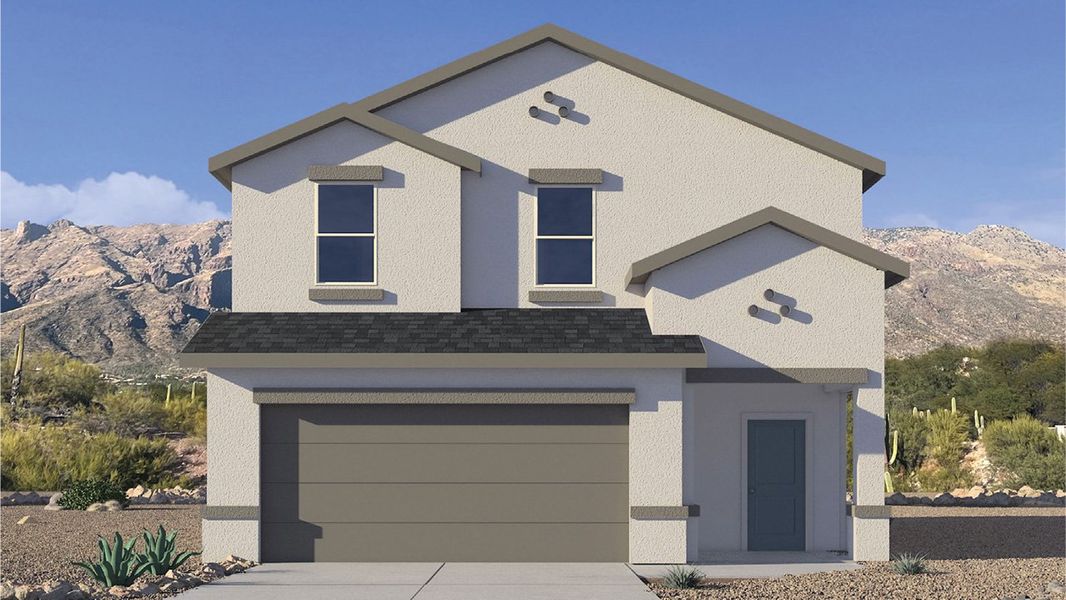 Front exterior of a new home in Saguaro Bloom, Marana, AZ, highlighting curb appeal (Image 1). Front exterior of a new home in Saguaro Bloom, Marana, AZ, highlighting curb appeal (Image 1).