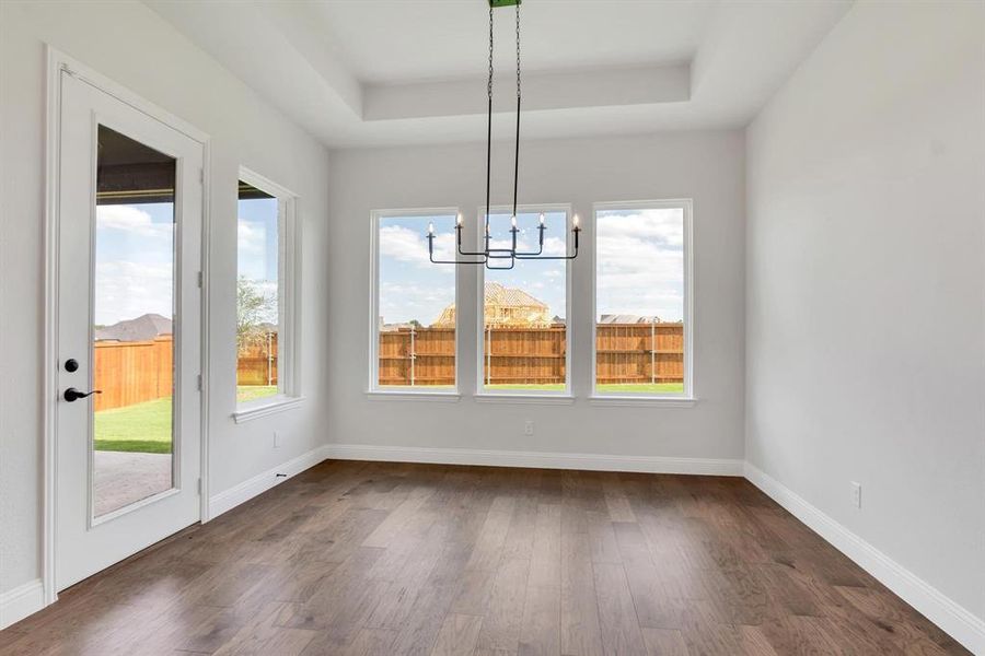 Unfurnished dining area featuring a notable chandelier, dark hardwood / wood-style flooring, and a raised ceiling