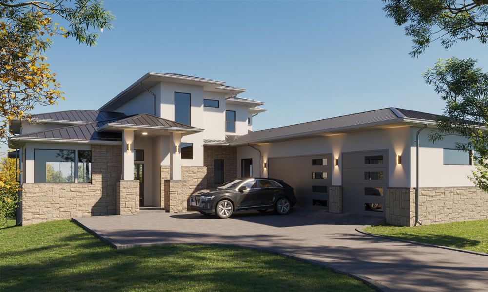 View of front of home featuring stone siding, stucco siding, and a standing seam roof