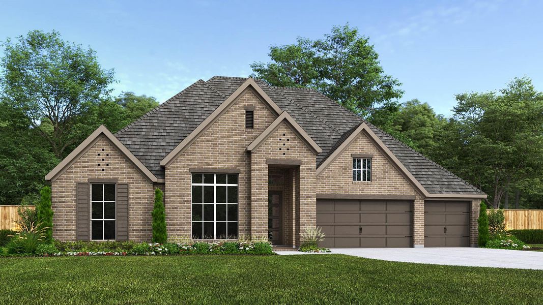 Front exterior of a new home in The Woodlands Hills, Willis, TX, highlighting curb appeal (Image 1). Front exterior of a new home in The Woodlands Hills, Willis, TX, highlighting curb appeal (Image 1).