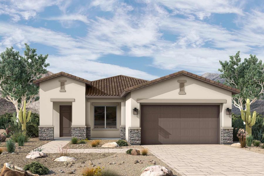Front exterior of a new home in Tavolo at Soleo, San Tan Valley, AZ, highlighting curb appeal (Image 2). Front exterior of a new home in Tavolo at Soleo, San Tan Valley, AZ, highlighting curb appeal (Image 2).