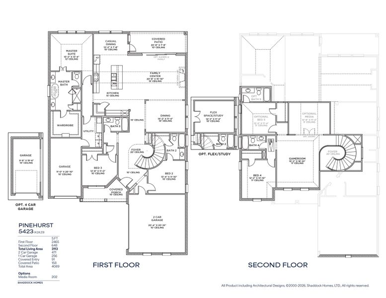 2D floor plan layout for the Pinehurst - SH 5423 by Shaddock Homes in Hillside Village, Celina, TX (Image 3).