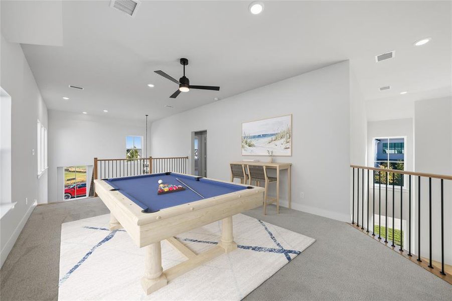 Game room featuring carpet, billiards, recessed lighting, and ceiling fan
