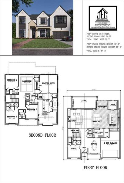 Rendering of front, floor plans