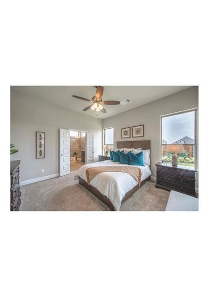 Carpeted bedroom with ceiling fan