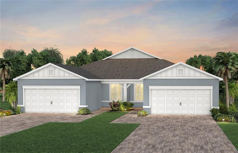 Front exterior of a new home in Del Webb Sunbridge, St. Cloud, FL, highlighting curb appeal (Image 1).