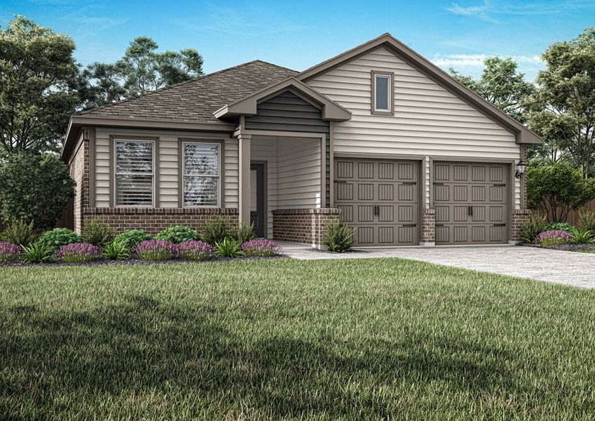 The Carson is a beautiful, one-story siding home with brick details.