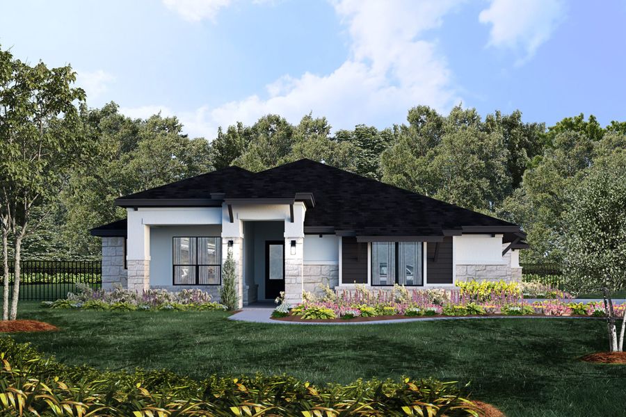 Representative exterior photo of a completed home built from the Sapphire by Giddens Homes in Riverstone, Georgetown, TX (Image 26).