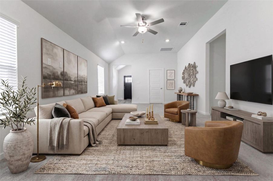 View of the living area highlights the impressive ceiling height, bright white walls, and open sightlines back toward the entry. The neutral carpet and clean finishes create a blank canvas, while the nearby openings provide convenient access to additional spaces throughout the home. This photo has been virtually staged for visual reference. View of the living area highlights the impressive ceiling height, bright white walls, and open sightlines back toward the entry. The neutral carpet and clean finishes create a blank canvas, while the nearby openings provide convenient access to additional spaces throughout the home. This photo has been virtually staged for visual reference.