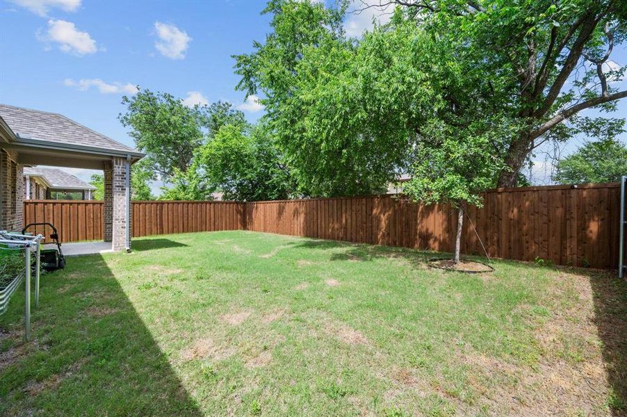Expansive backyard featuring a manicured lawn, a full wood privacy fence, and mature trees providing natural shade Expansive backyard featuring a manicured lawn, a full wood privacy fence, and mature trees providing natural shade