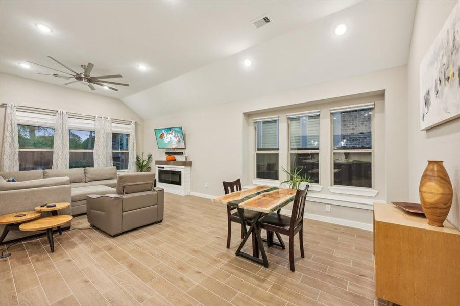 Dining area and living room from the kitchen.