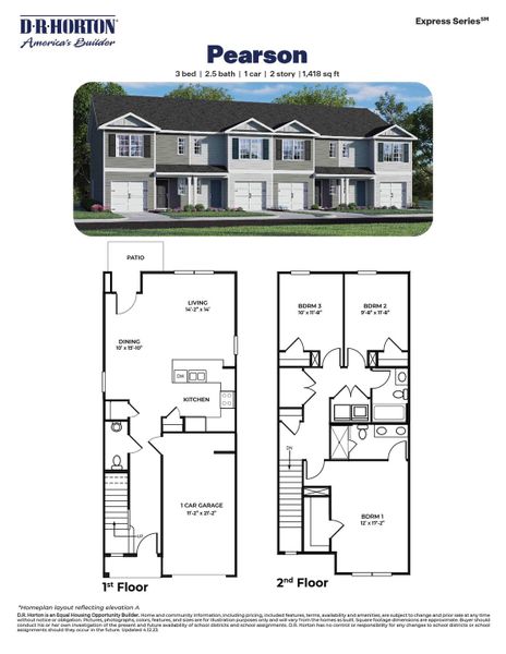 2D floor plan layout for the Pearson by D.R. Horton in The Townes at Carter Ridge, Greenville, NC (Image 3).