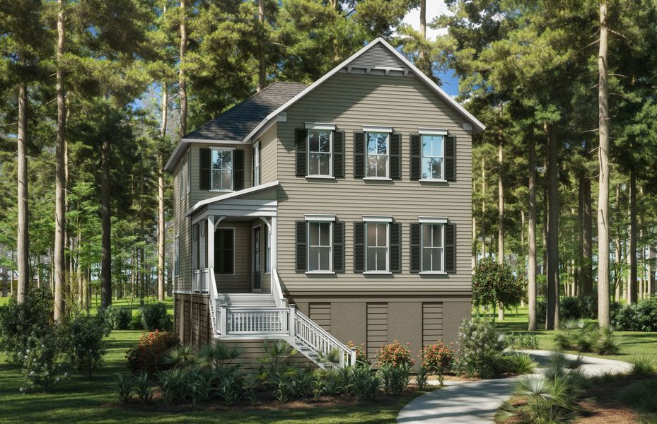 Front exterior of a new home in The Preserve at Pennys Creek, Johns Island, SC, highlighting curb appeal (Image 1).