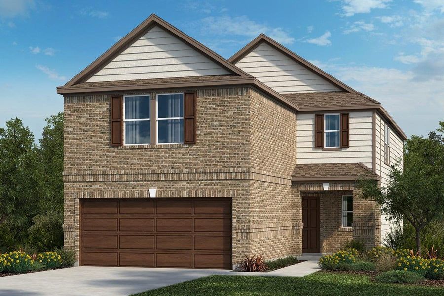 Front exterior of a new home in Salerno - Heritage Collection, Round Rock, TX, highlighting curb appeal (Image 1). Front exterior of a new home in Salerno - Heritage Collection, Round Rock, TX, highlighting curb appeal (Image 1).