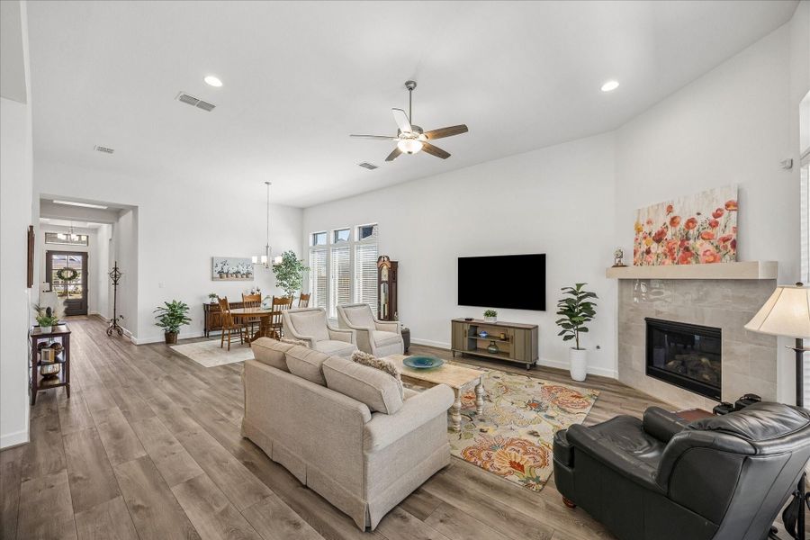 Views of family room and formal dining space