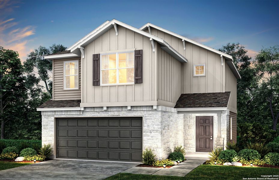 Front exterior of a new home in Lily Springs, Seguin, TX, highlighting curb appeal (Image 1).