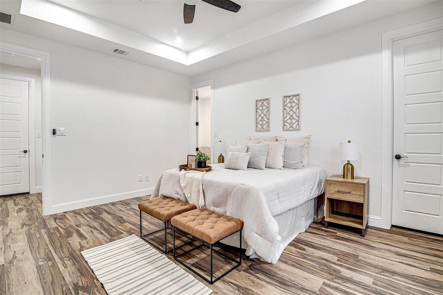 Bedroom with wood-type flooring, a raised ceiling, and ceiling fan