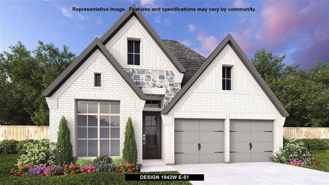 View of front of property featuring a garage, driveway, brick siding, and fence