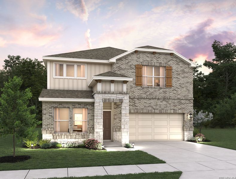 Front exterior of a new home in Saddlebrook Ranch, Schertz, TX, highlighting curb appeal (Image 1). Front exterior of a new home in Saddlebrook Ranch, Schertz, TX, highlighting curb appeal (Image 1).
