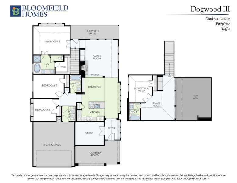 Bloomfield Homes Dogwood III floor plan with four bedrooms, game room, study, kitchen, and two-car garage on two levels. Bloomfield Homes Dogwood III floor plan with four bedrooms, game room, study, kitchen, and two-car garage on two levels.
