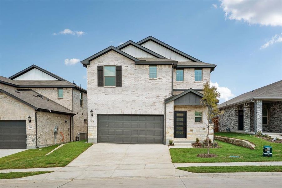 Front exterior of a new home in Simpson Crossing - Spring Series, McKinney, TX, highlighting curb appeal (Image 1). Front exterior of a new home in Simpson Crossing - Spring Series, McKinney, TX, highlighting curb appeal (Image 1).