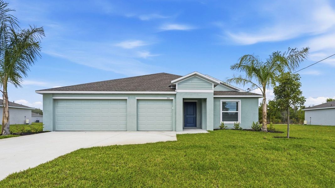 Front exterior of a new home in Maplewood Park, Lehigh Acres, FL, highlighting curb appeal (Image 1). Front exterior of a new home in Maplewood Park, Lehigh Acres, FL, highlighting curb appeal (Image 1).